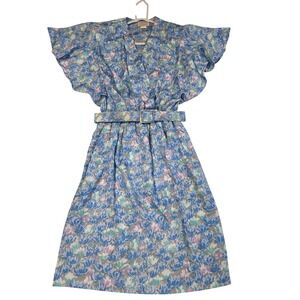 Vintage 80s Pellini  Bramlett Blue Floral Flutter Sleeve Belted Midi Dress 5 6